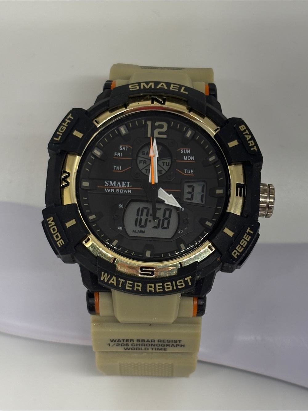 Men's Dual-Display Black and Beige Sport Watch. SMAEL